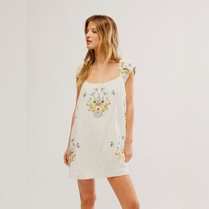 Free People Cream Mini Dress with Yellow Floral Embroidery